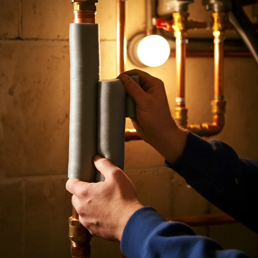 Plombier posant une isolation en mousse grise autour de tuyaux de chauffage dans une chaufferie