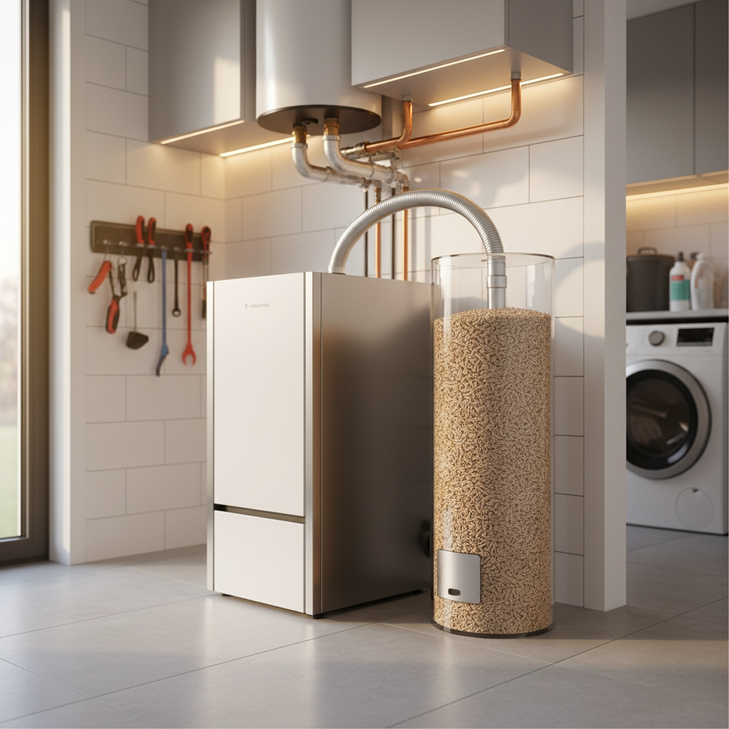 Chaudiere a pellets installee dans un local technique en Belgique