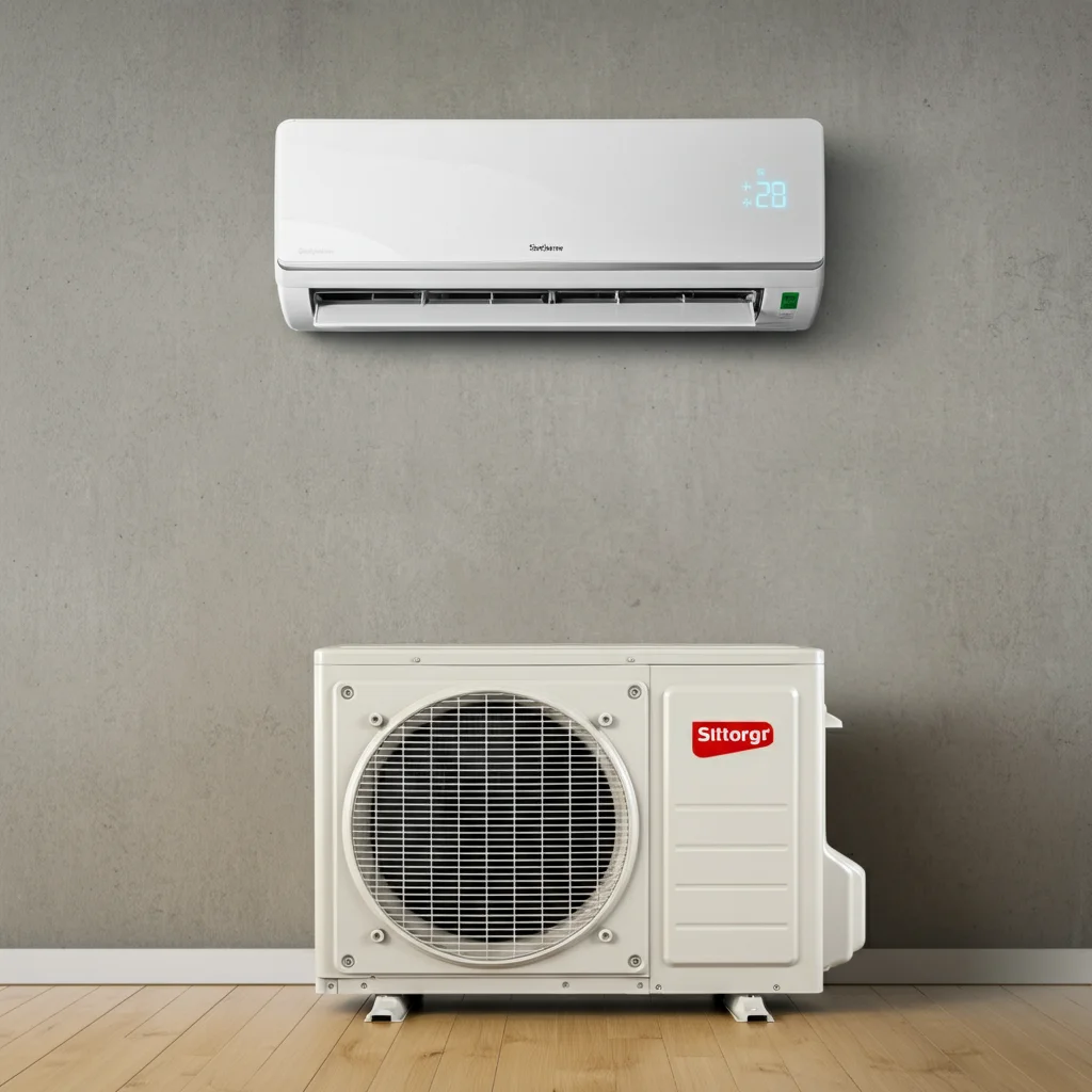 Unite interieure de climatisation reversible installee dans un salon belge moderne