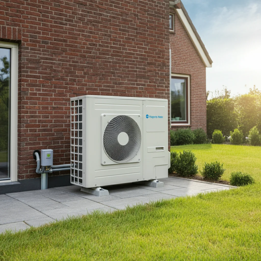Pompe a chaleur air/eau installee a cote d'une maison belge en briques