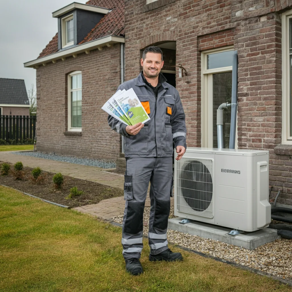 Technicien installant une pompe a chaleur dans une maison wallonne avec dossier de prime RENOLUTION