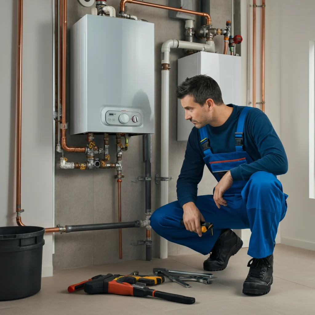 Chauffagiste belge en uniforme bleu inspectant une chaudiere gaz dans une maison moderne