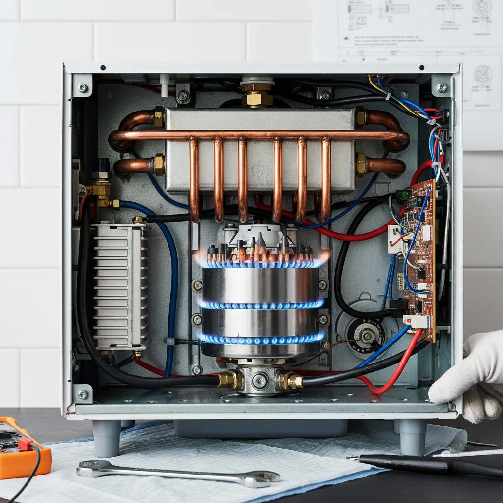 Bruleur de chaudiere gaz ouvert lors d'un entretien par un technicien agree