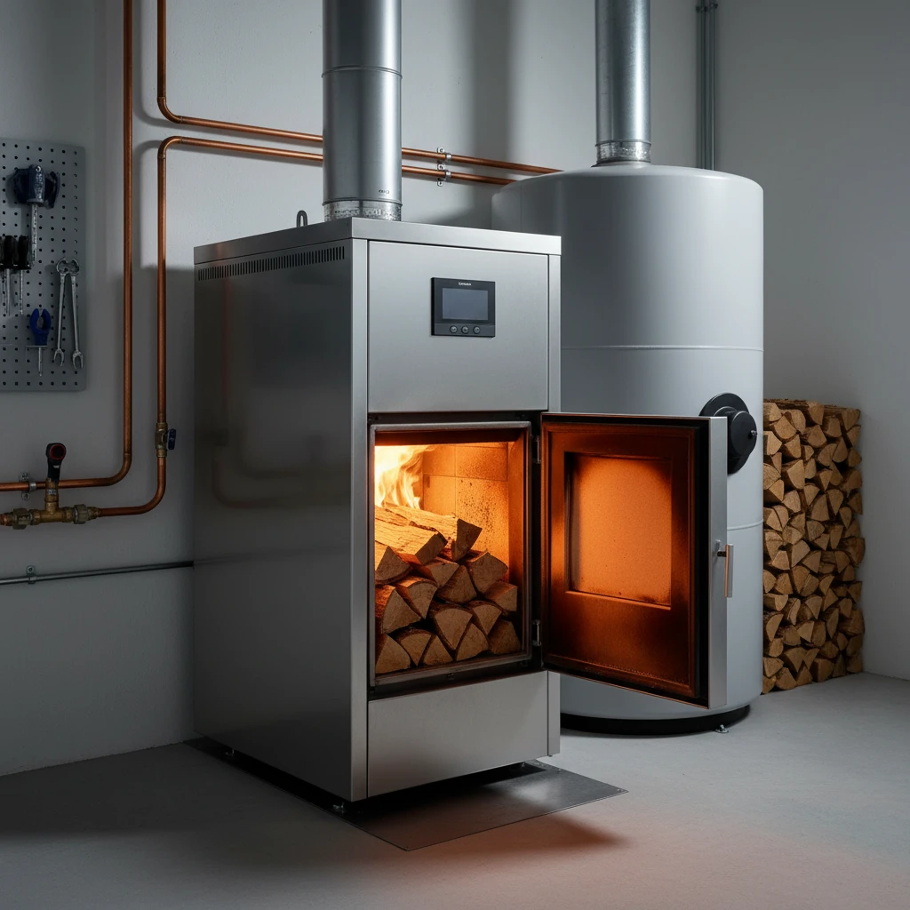 Chaudiere a bois buches avec foyer ouvert en fonctionnement