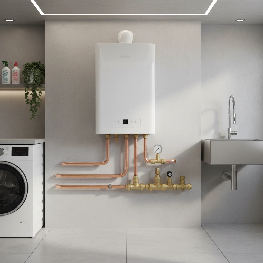 Chaudiere gaz a condensation murale installee dans une buanderie moderne