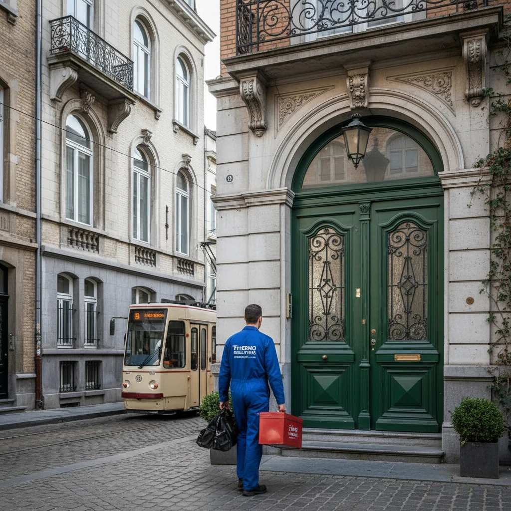Chauffagiste arrivant pour un entretien de chaudiere a Bruxelles