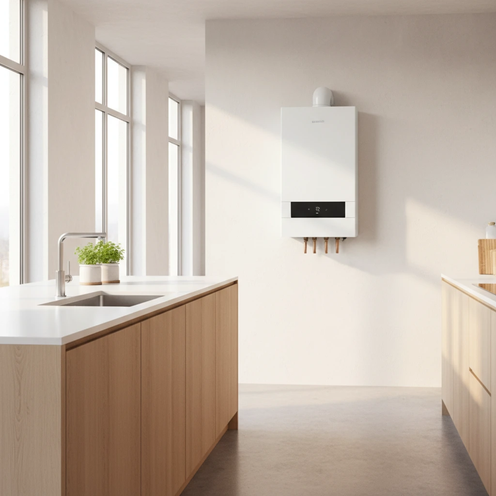 Chaudiere gaz condensation moderne installee dans une cuisine belge