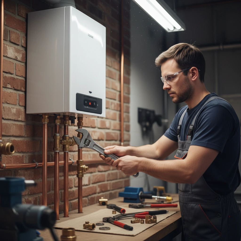 Chauffagiste raccordant les tuyaux en cuivre lors de l'installation d'une chaudiere gaz