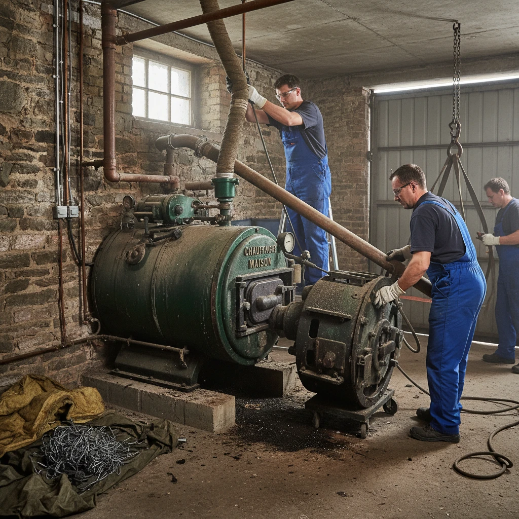 Déposé d'une ancienne chaudiere mazout lors du remplacement