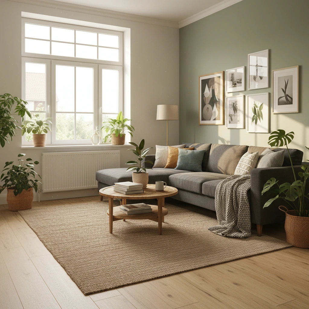 Salon belge confortable avec radiateur moderne et chauffage central performant