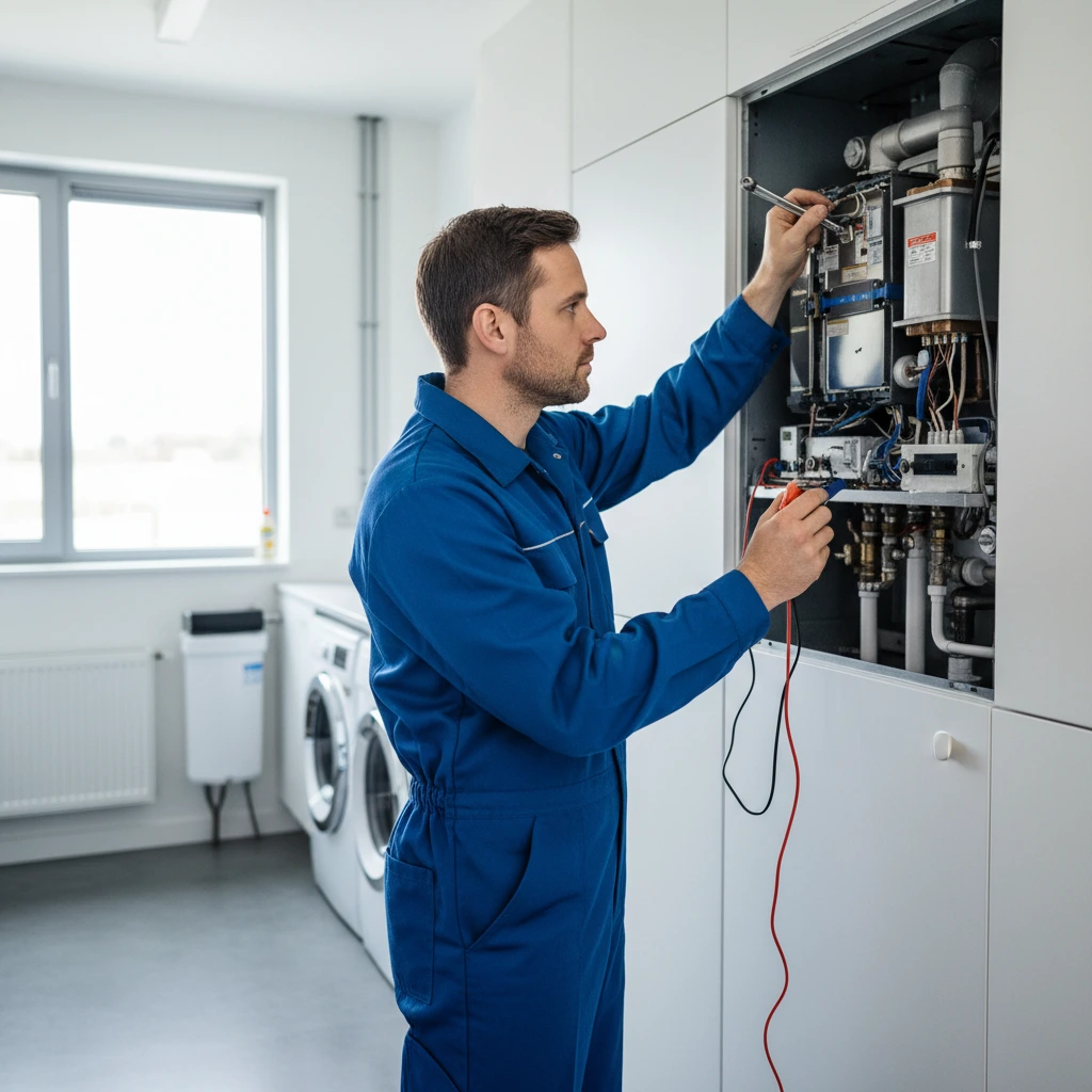 Technicien chauffagiste agree effectuant l'entretien d'une chaudiere